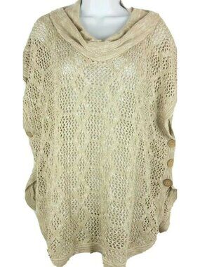 Y2k Contemporary Beige Poncho Sweater Shawl Tunic CJ Banks Open Crochet Size 1X